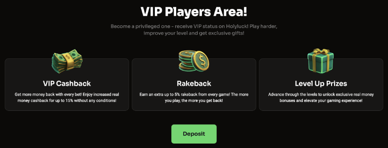 VIP-spillerområde med fordele som VIP Cashback, Rakeback og Level Up Prizes